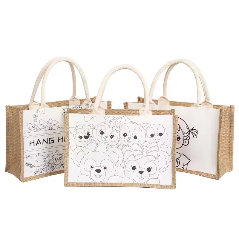 2024 Eco Recycled PLA Cartoon Pattern Reusable DIY Tote Bag Set with Custom Logo for Promotional Use