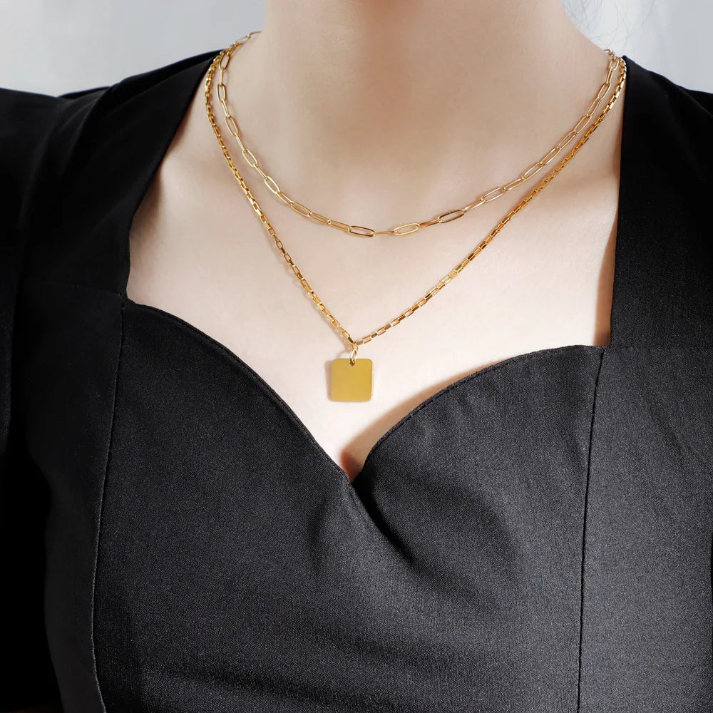 Luxury Women's Multi-Layer Gold Plated High-Polished Pendant Toggle Clasp Trendy Double Necklace with Link Chain for Weddings