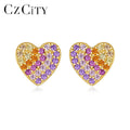 CZCITY Tiny CZ Rainbow Color 14K Gold Plated Kids Heart Stud Earrings Women Fashion 925 Silver Earring