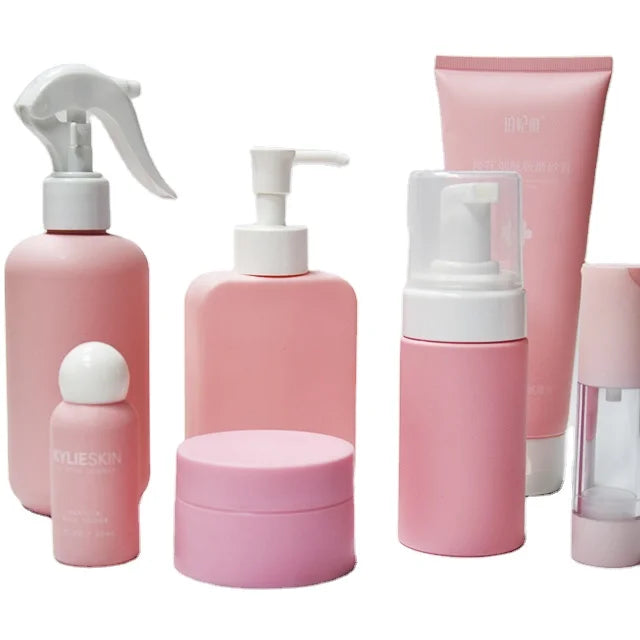 Custom Eco Friendly 400ml PET Cosmetics Containers Packaging Set Customized Pink Skin Care Cream Tube Jar Foam Pump Screw Cap