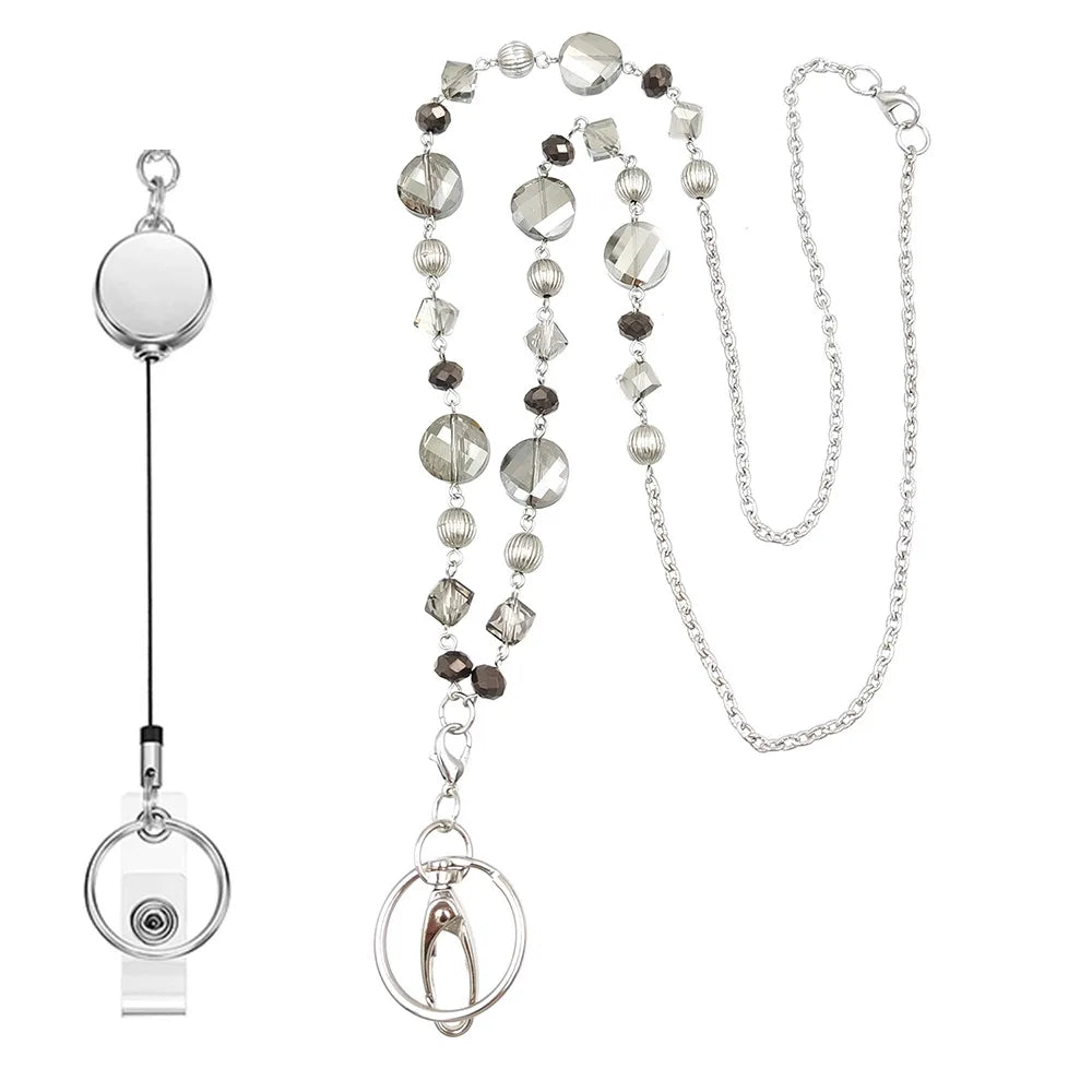 Wholesale Jade Beaded Box Chain Key Fashion ID Badge Lanyard Holder Necklace with Retractable Reel for Anniversary