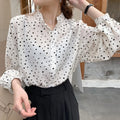 2025 New Fashion Women Girls Spring Chiffon Dot Print Mandarin Collar Button Blouse Lantern Sleeve Base Casual Shirt