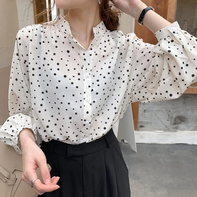 2025 New Fashion Women Girls Spring Chiffon Dot Print Mandarin Collar Button Blouse Lantern Sleeve Base Casual Shirt
