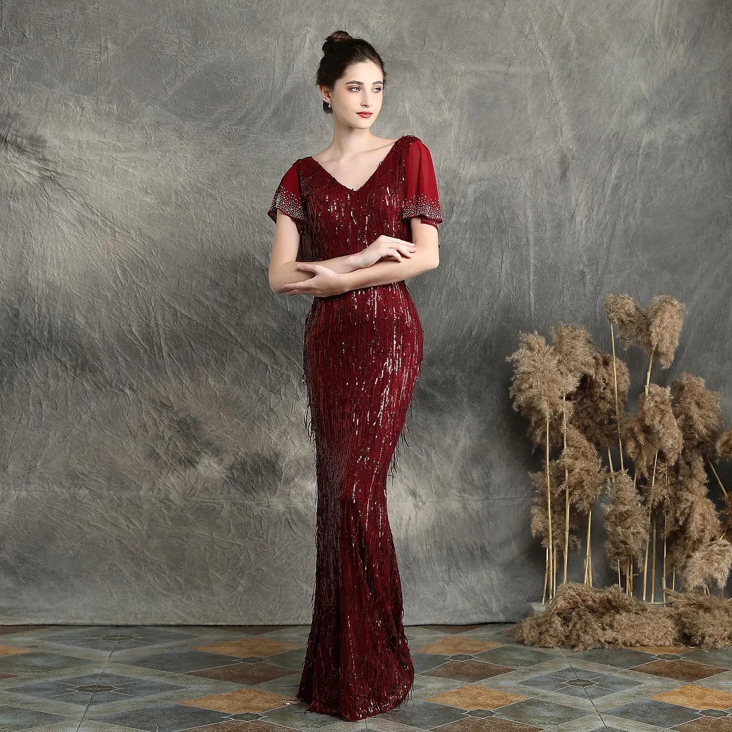 16582# Polyester Thread Fringe Bead Fishtail Banquet Elegant Temperament Annual Party Hosted Car Model Evening Dress Female