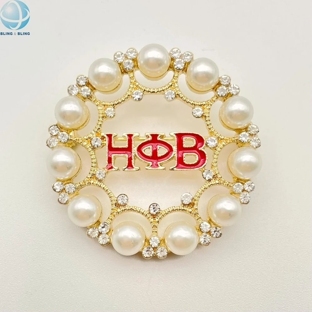 Red Enamel Greek Letter HOB Brooch Rhinestone Fraternity Sorority Eta Phi Beta Jewelry Round Pearl Brooches Pins