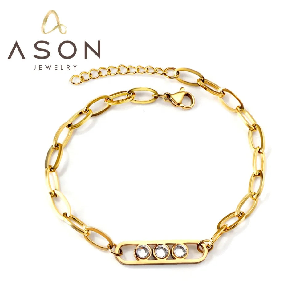 Ason Jewelry Wholesale Minimalist Geometric Design Stainless Steel Zircon Bracelet 18k Gold Plated Paperclip Chain Bracelet