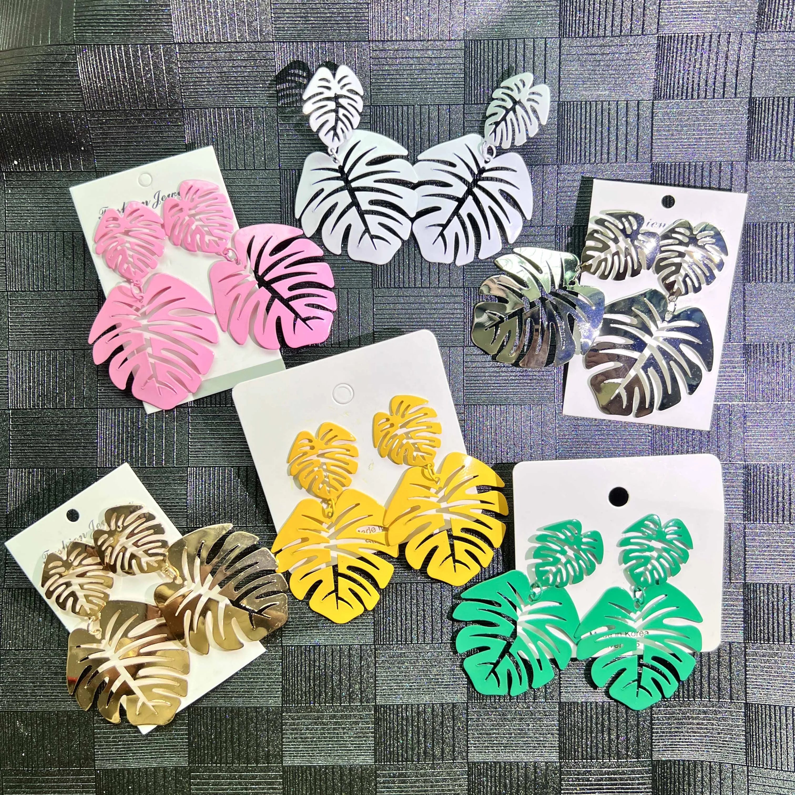 Summer Tropical 18k Gold Plated Double Leaf Shape Earrings Metal Silver Gold Monstera Leaf Earrings