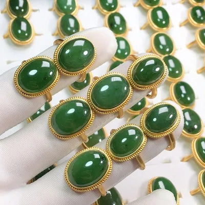 Adjustable Retro Fashion Vintage Spinach Green Natural Hetian Green Jade Ring for Women
