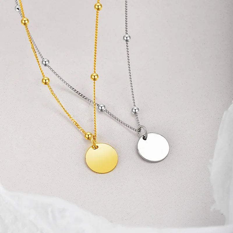 Minimalism Dainty 925 Sterling Silver Beads Chain Blank Round Disc Pendant Necklace for Women