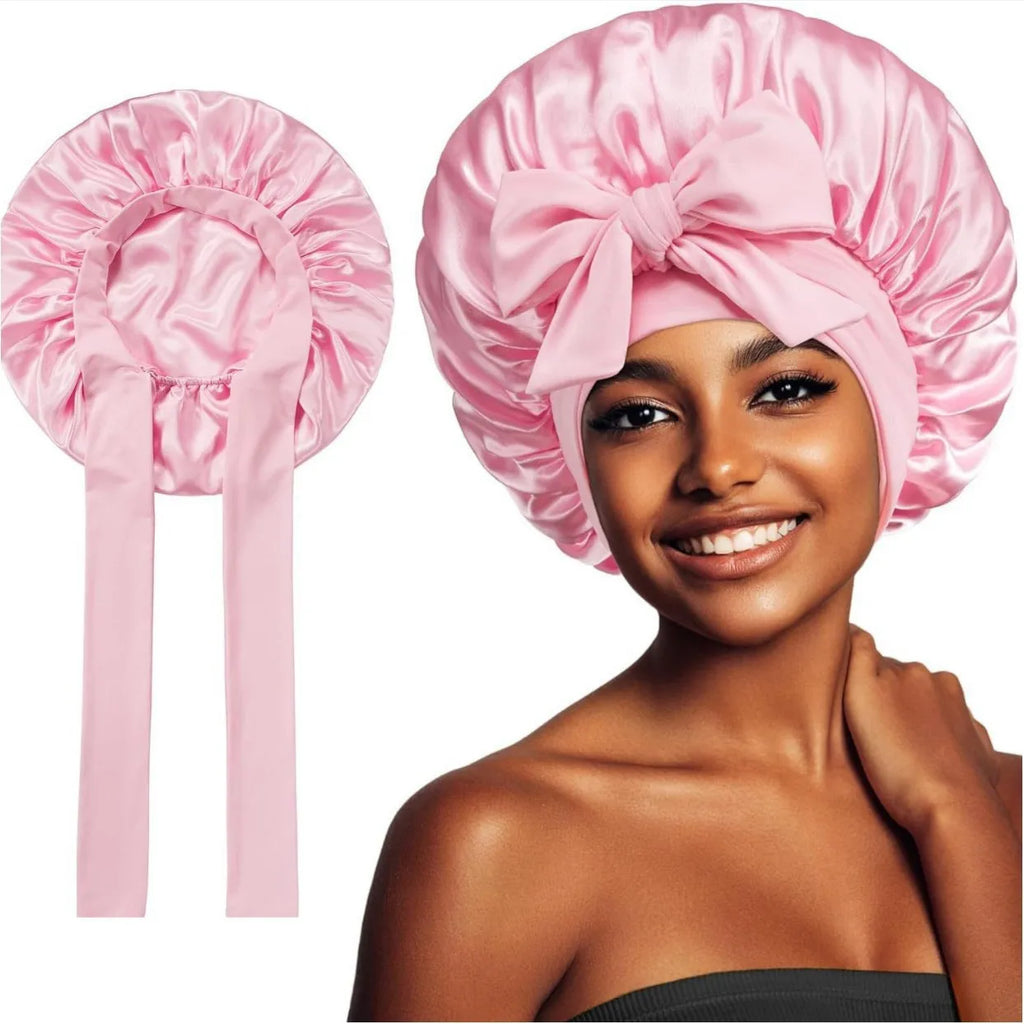 Customizable Wide-Brimmed for Nightcap Bonnet with Ribbon Bow Silky Beauty Hair Care Polyester Material