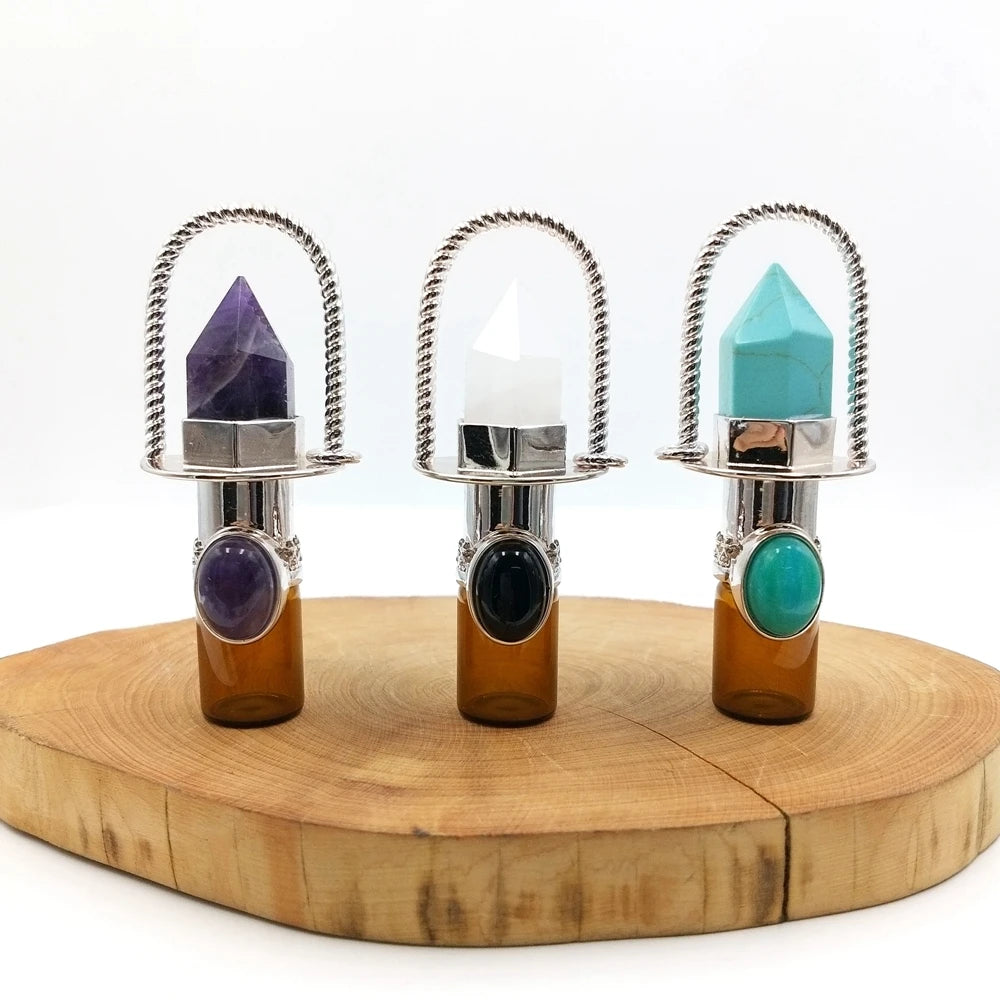 Hot Vintage Natural Amethyst Healing Gemstone Pendant 2ml Vial Amber Glass Roller Bottle Chakra Perfume Crystal Jewelry for