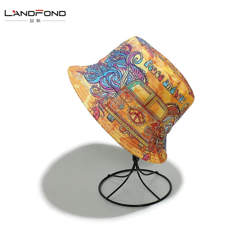 Landfond Peace Car Starry Sky Bucket Hat Personalized Outdoor Beach Traveling-Cap Sun-Proof Basin Hat Men Women Bead Caps