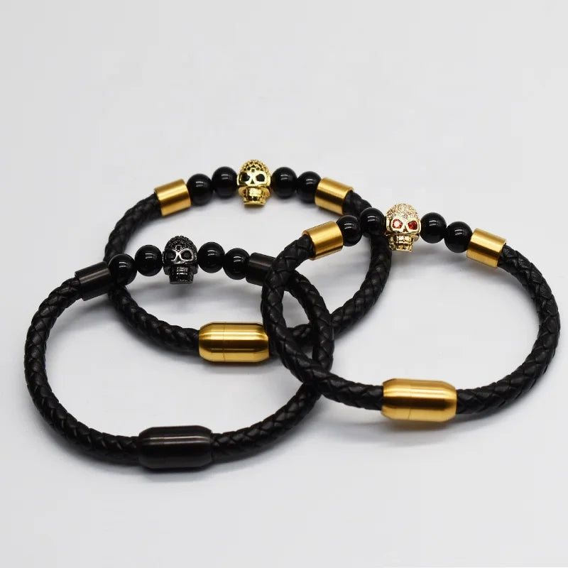 BMZ 2025 Latest Style Skull Gold Bracelet 316L Stainless Natural Agate Beads Bracelet MegaBDM