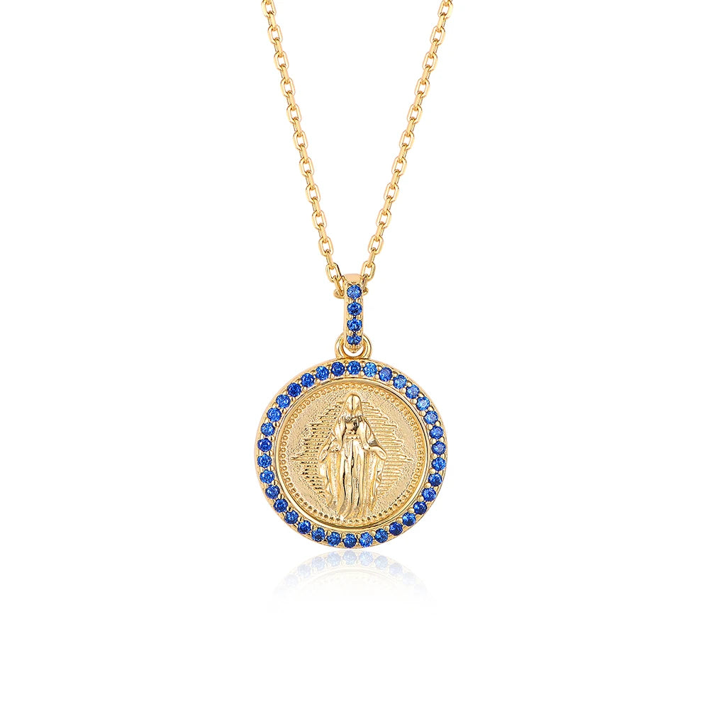 Religious Jewelry Gold Plated 925 Sterling Silver Cubic Zircon Virgin Mary Medals Pendant Necklace for Women Men Wholesale