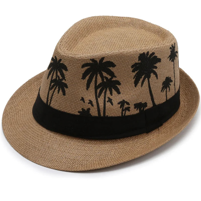Summer Casual Jazz Hat for Men Coconut Tree Pattern Sunscreen Raffia Straw for Dad's Beach Outdoor Use Middle-Aged Style