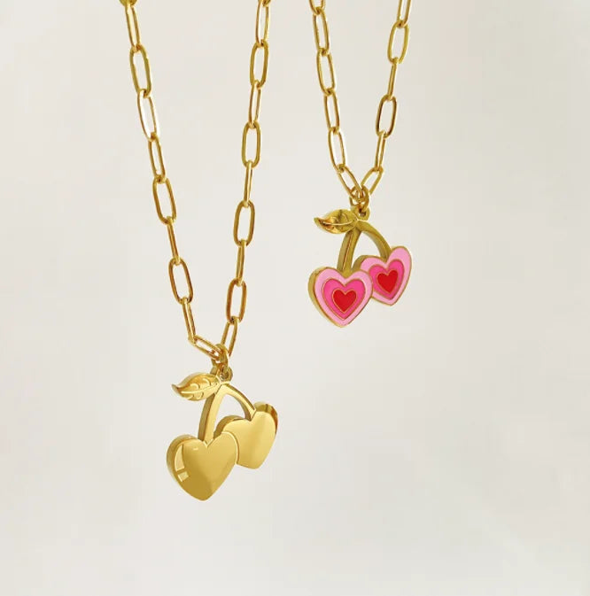 Cherry Girl pink Pendant Stainless  Steel Oven Vacuum Plating 18K Gold Color Tarnish Free Jewelry Necklace