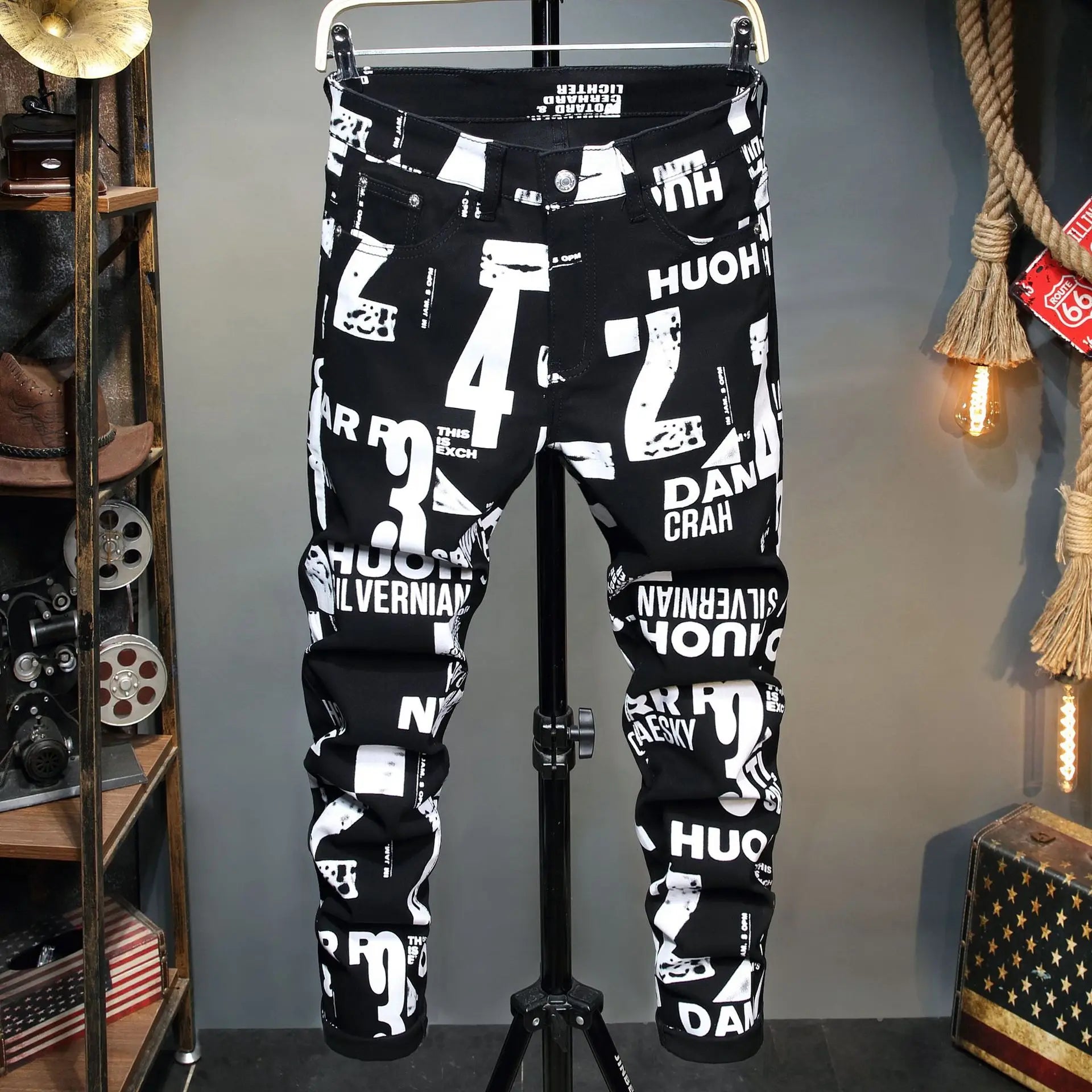 Men's Trendy Letter Printed Pants Korean Style Slim Fashion Small Feet Casual Jeans Non-mainstream Personality Denim Jeans