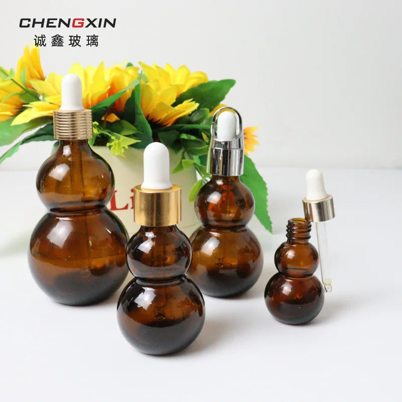 Wholesale Double Gourd Glass Oil Bottle 50ml Brown Dropper Face Cream Mascara 15ml 30ml Skin Care Serum Face Mask