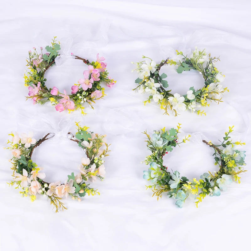 Spring Pink Elastic Ribbon Flower Crown Peach Blossom Cherry Blossom Wreath for Fairy Princess Travel & Shooting Headband