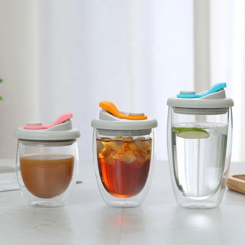 Wholesale Heat-resistant clear Glass Double Coffee Cup Water Mug with Handle