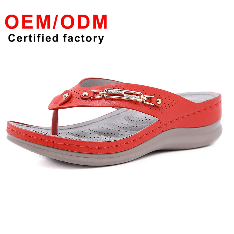 Women's Retro Metal Flip-Flops with Large Size Wedge Heel Thong Slippers Fashion Platform Sandals with New Buckle Design
