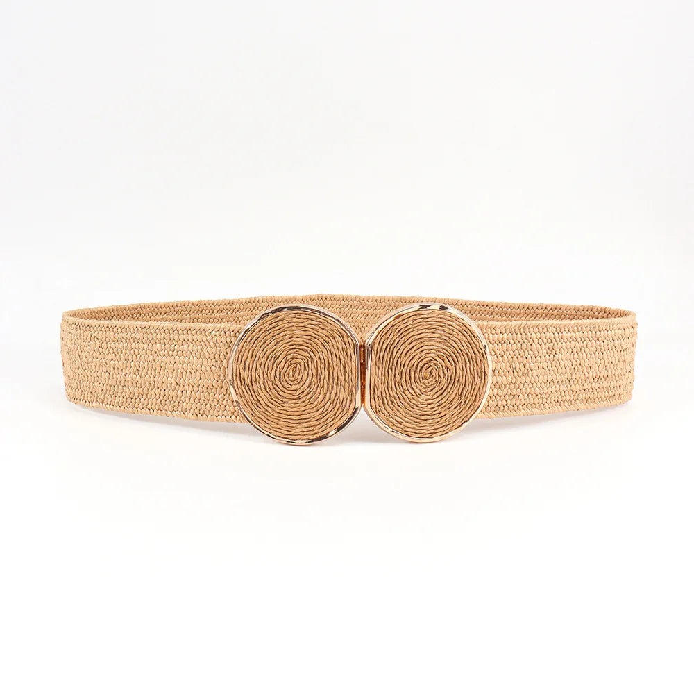 Hot Sell Summer New Universal Belts pp Straw Woven Round Buckle Fashion Waist Cover Decorative Dress Belt