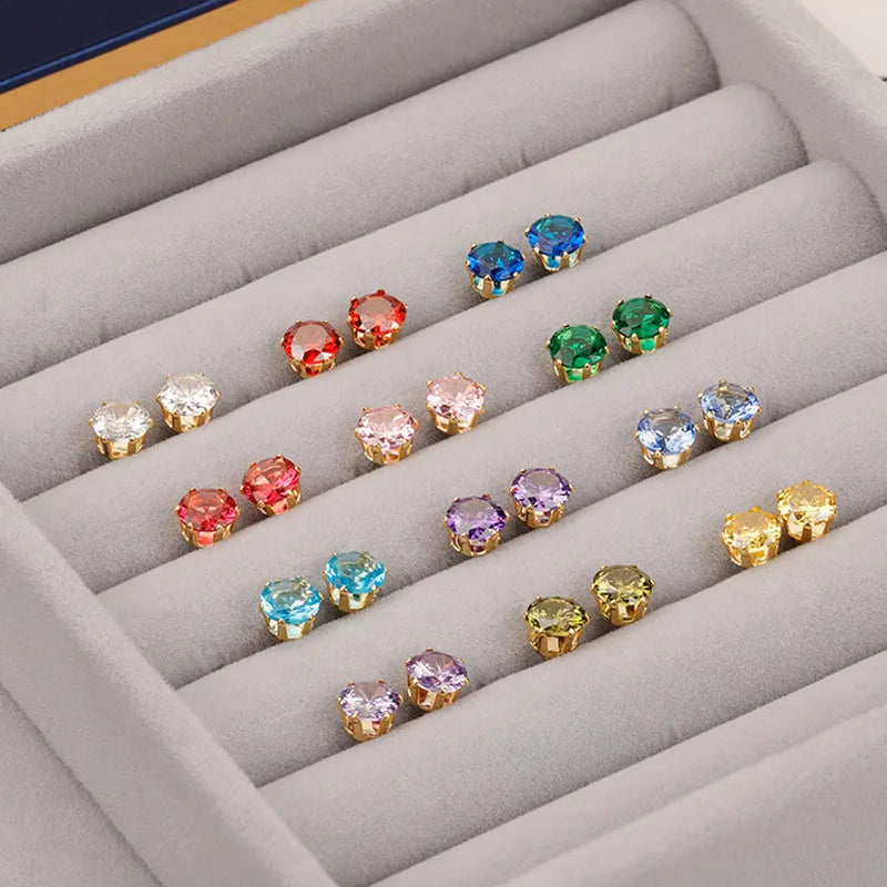 Promotion Anti Allergy Tarnish Free 8mm 3mm Round Stud Earrings 18k Gold Plated Stainless Steel Zircon Birthstone Earrings