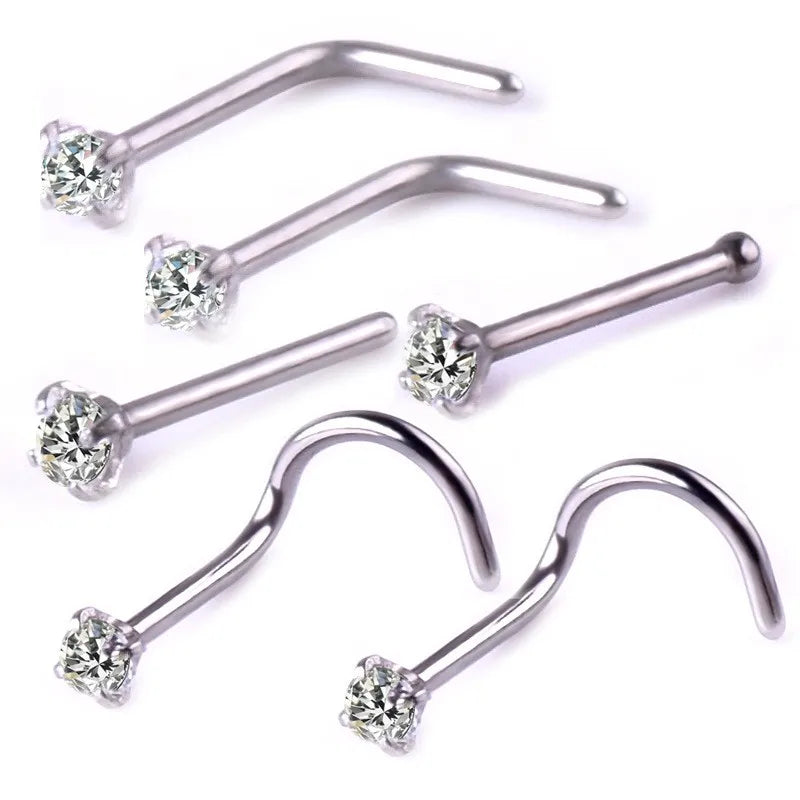 6PCS 316 Stainless Steel CZ Nose Studs Set L Shape Bone Screw Nose Ring Piercing Jewelry Fashion Jewelry Zircon 20G