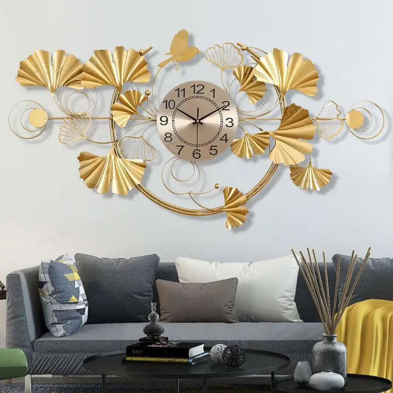 Creative Home Decorative Modern Luxury Ginkgo Biloba Wall Clock Single Face Iron Abstract Needle for Living Room Office Shop