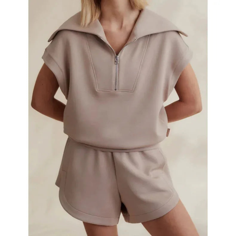 Women's Sweatshirt and Shorts Set 2 Pieces Set Zip up Neck Sleeveless Sweatshirt High Waist Elastic Waistband Shorts