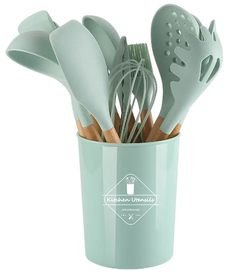 Long Wooden Handle Non-Stick Nylon Silicone Kitchen Utensil Set 12-Piece Turner Spatula Soup Ladle Brush Home Kitchen Dishwasher