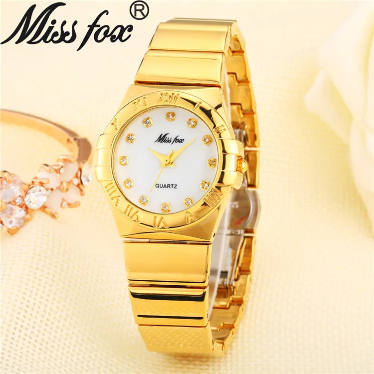 MissFox V279  Elegant Watches Women Diamond Roman Numerals Pearl Shell Classic Ladies Gold Watch Waterproof Female Quartz Watch