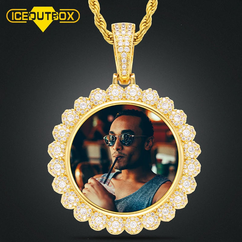 Memory Jewelry 40mm Hip Hop Custom Picture Pendant Gold Plated Brass CZ Diamond Iced Out Flower Picture Pendant Necklace