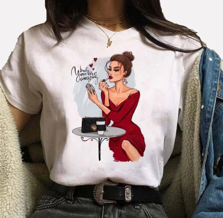 Hot Sale Fashion White Round Neck Women's Casual Pattern T-shirt Woman Printed T-shirt