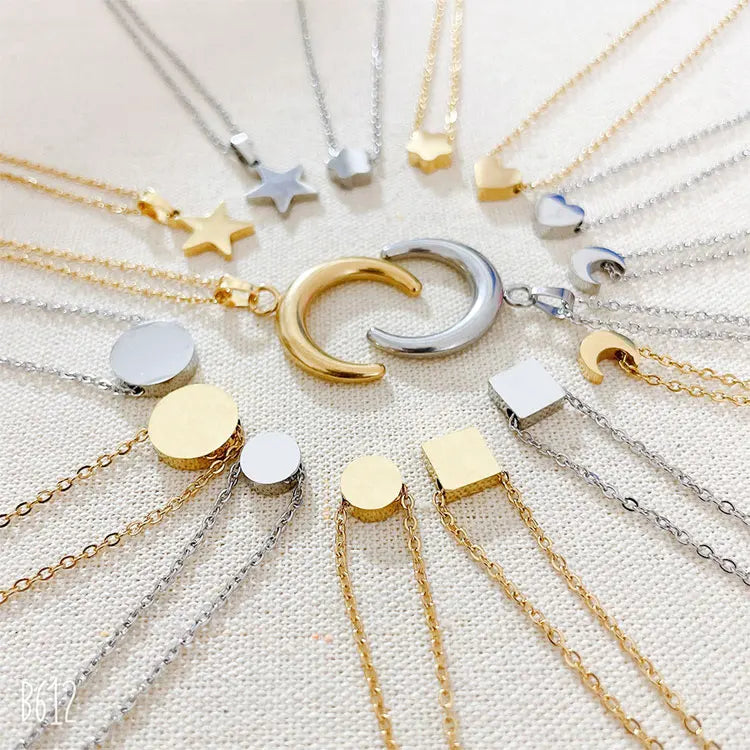 SC Wholesale 14 Types Classic Non Tarnish Stainless Steel Disc Square Block Star Moon Flower Heart Pendant Necklace for Women