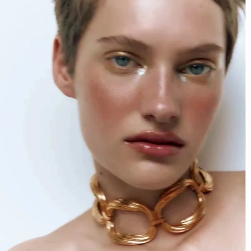 Kaimei  Top ZA Retro Hip Hop Multi-layer Stripe Groove Oval Chains Bangle and Metal Choker Necklace for Woman