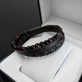 Natural Tiger Eye Stone Beads Stainless Steel Magnetic Buckle Genuine Leather Braided Double Layers Mens Band Bracelets Beaded