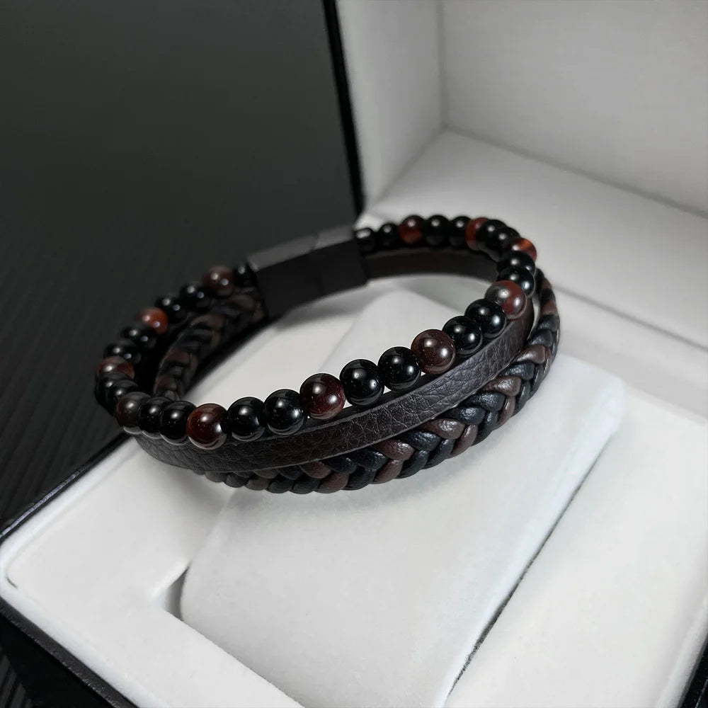 Natural Tiger Eye Stone Beads Stainless Steel Magnetic Buckle Genuine Leather Braided Double Layers Mens Band Bracelets Beaded