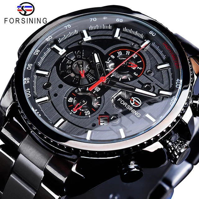 Forsining Men Top New Luxury Three Dial Calendar Stainless Steel Mechanical Automatic Wrist Watches Gift Sport Male Clock