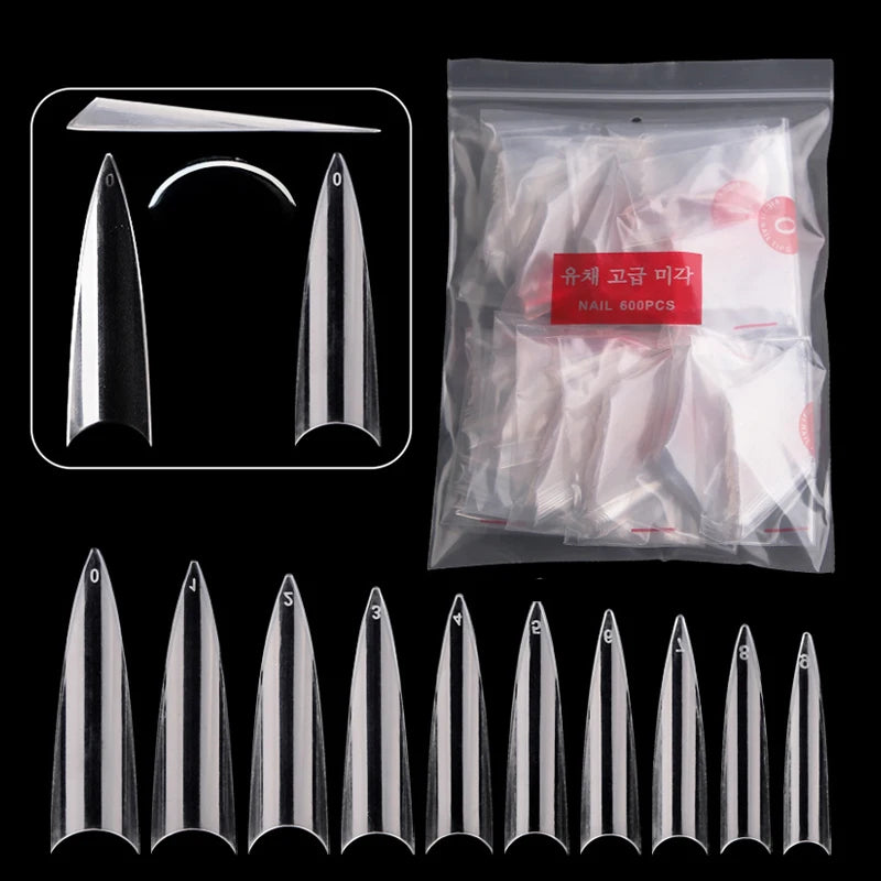 600pcs/Bag Long Pointed Stiletto False Nail Tips Acrylic Gel Half Cover Fake Nails for Nail Salon