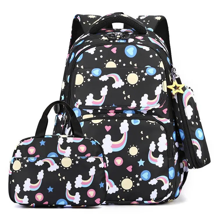 Oxford Cute Candy Color Waterproof Backpack with Pencil Case&Thermal Insulation Lunch Bag Zipper Closure Elementary Schoolbag