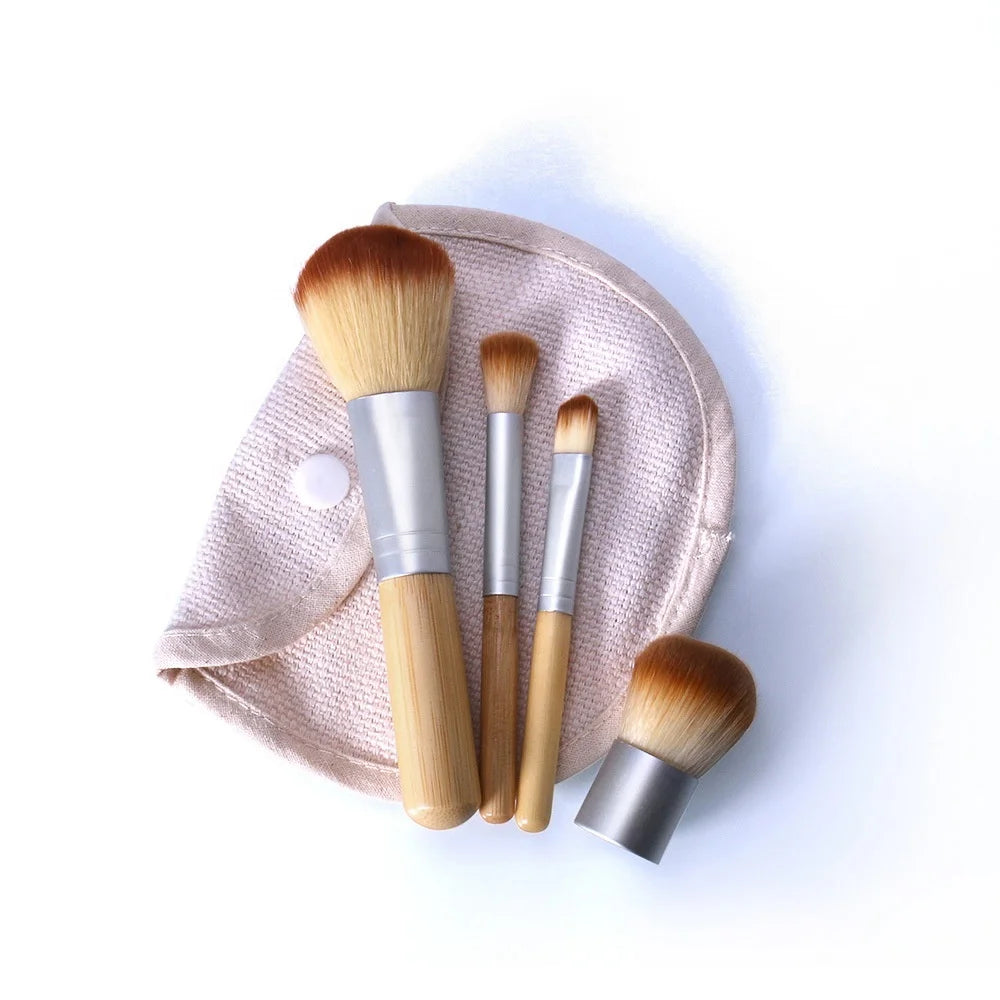 Custom 4 PCS Bamboo Makeup Brush Set With Cloth Bag Premium Beauty Tool for Travel Wholesale