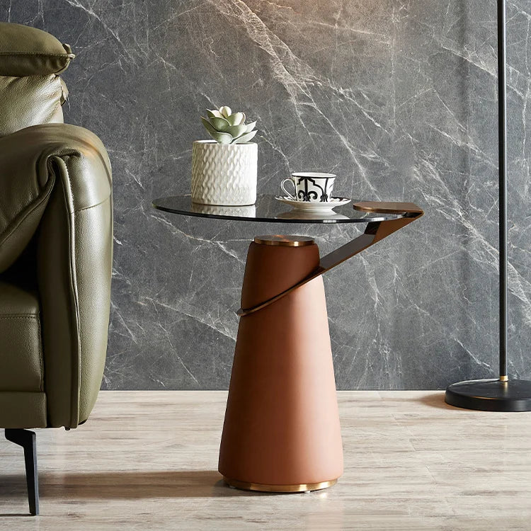 Modern Gold Metal Console Side End Table with Saddle Leather & Tempered Glass PU Cover for Villa Living Room or Hotel