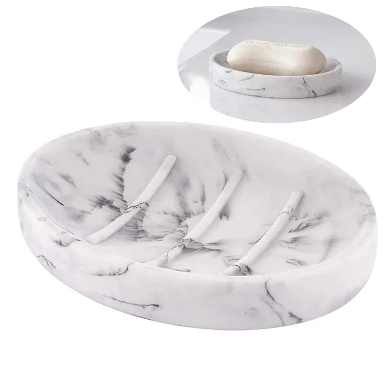 Marble Look Bar Soap Dish Holder Oval Soap Sponge Tray Soap Case Box Saver for Bathroom Shower Kitchen Sink- White Marble