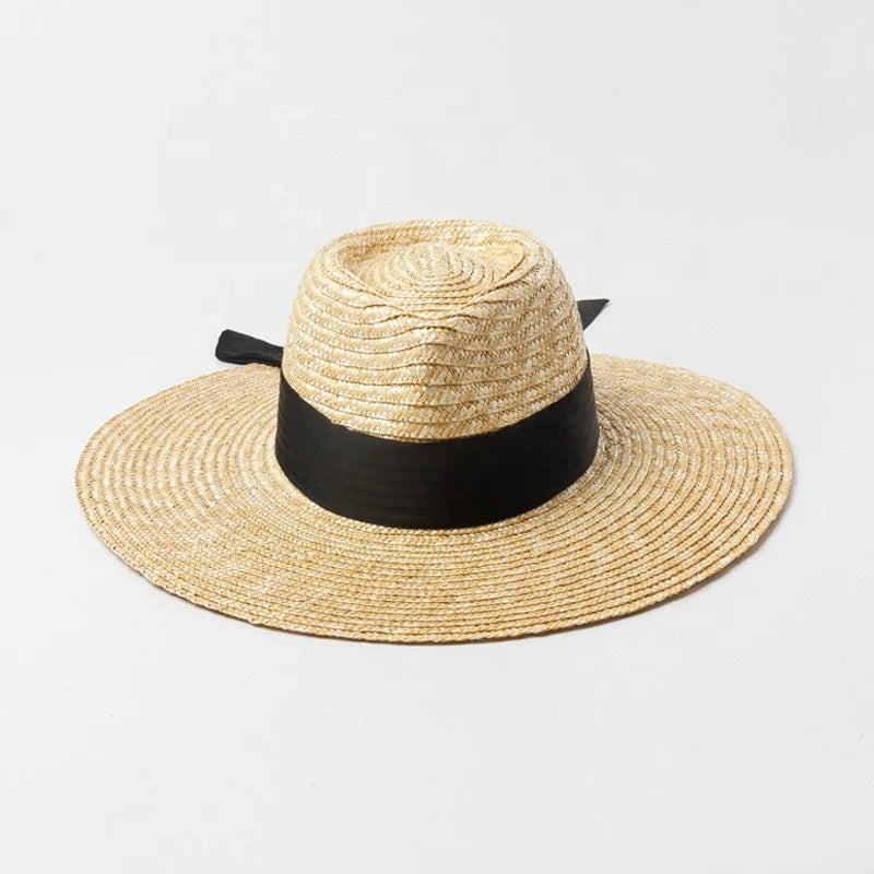 Black Silk Knotbow Wide Brim Wheat Straw Fedora Hat for Women Beach Sun Shade