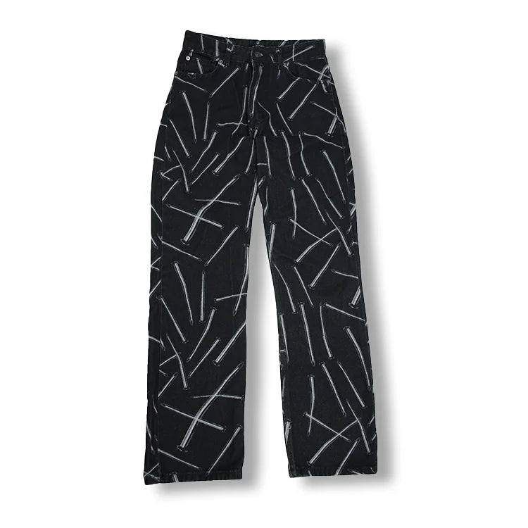 Distinctive Style Line Graffiti Casual Mid Waist Denim Pants Black Relaxed Straight Fit Printed Custom Jeans
