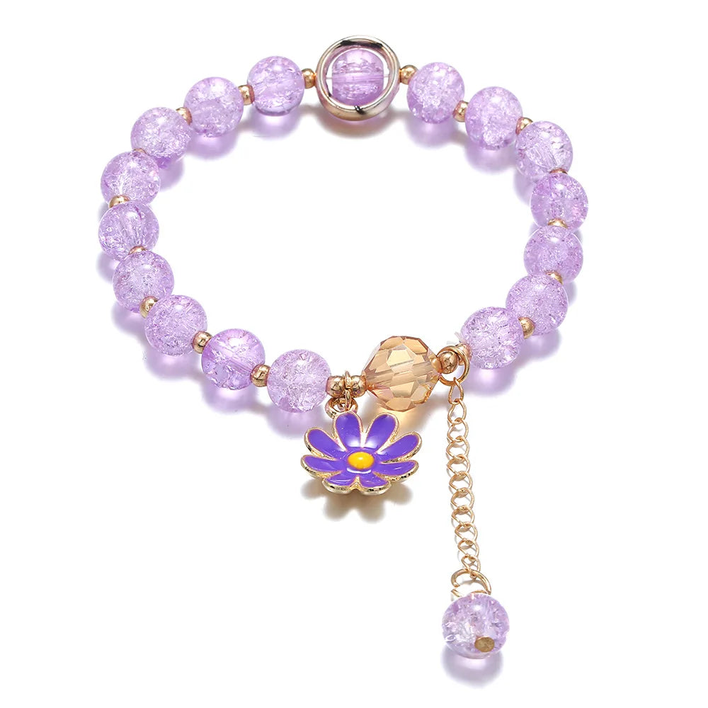 Crystal Bead Gold Tone Metal Bead Cute Daisy Pendant Stretch Bracelet for Women