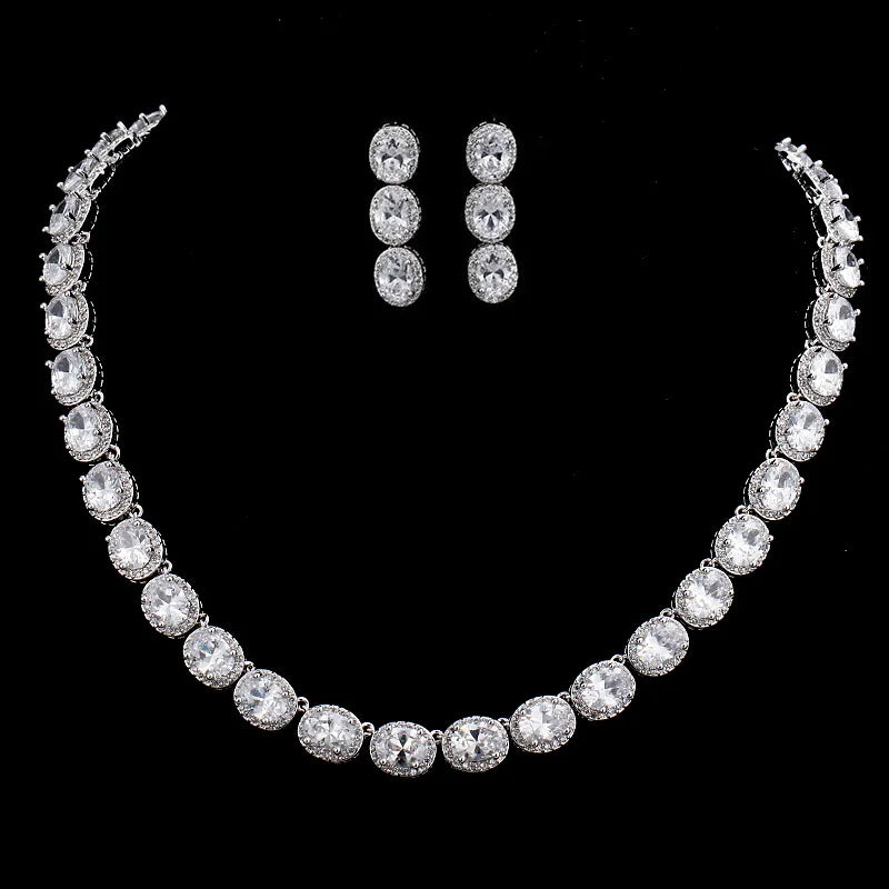 2022 Wholesale Wedding Jewelry Set Crystal Earring Necklace Luxury Egg-shaped Zircon Bridal Jewelry Set for Women