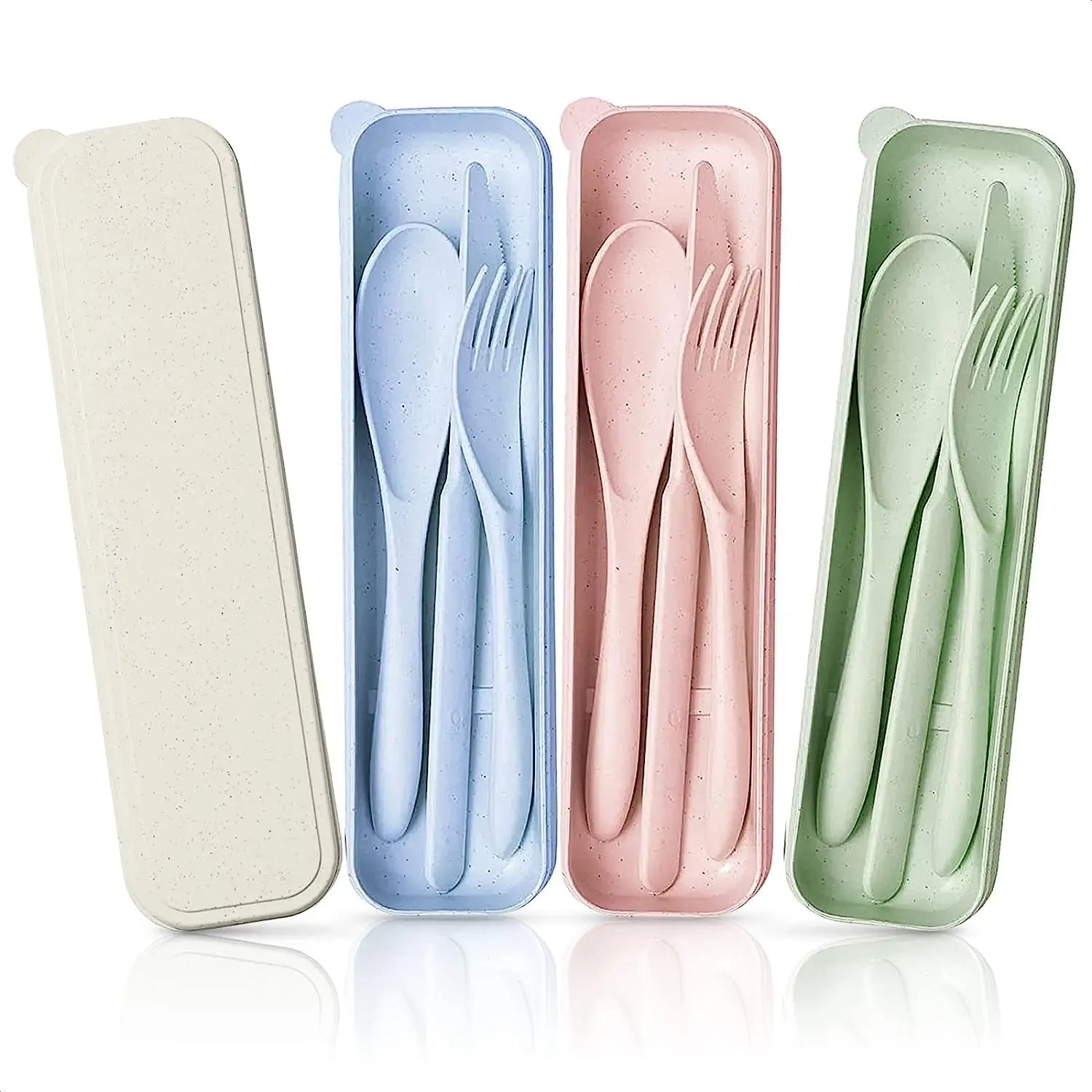 4PCS Travel Utensils Wheat Straw Reusable Cutlery Set Picnic Spoon Knife Forks With Case