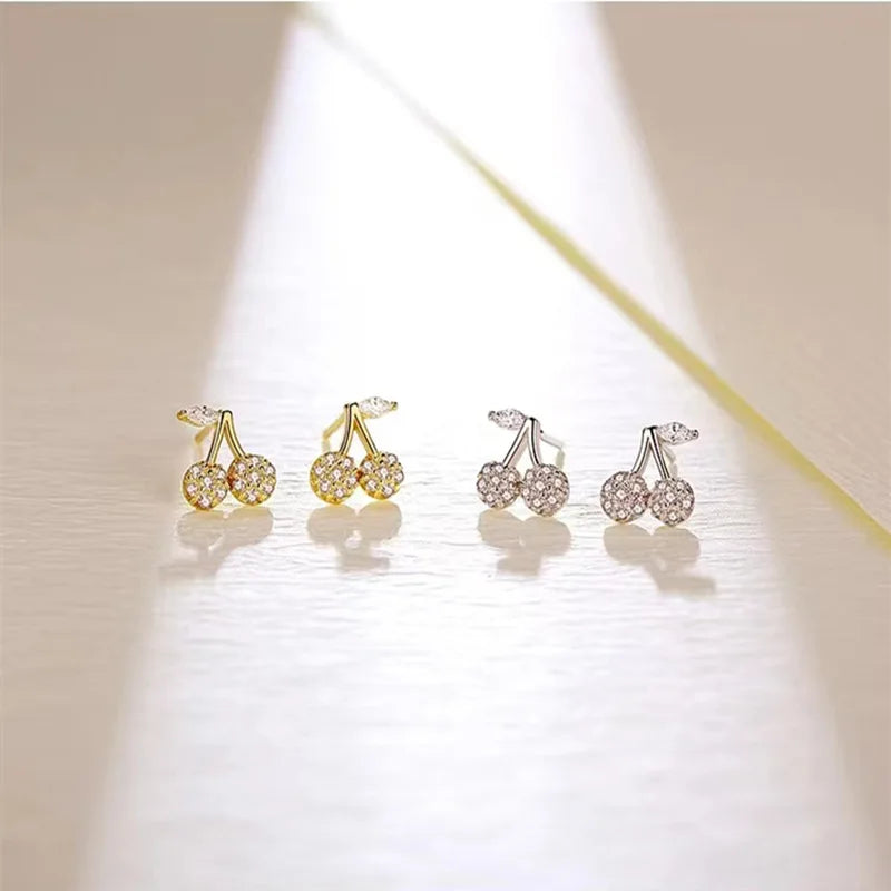 Merryshine Women's 14K Gold S925 Sterling Silver Fruit Design Full Diamond Double Cherry Earrings